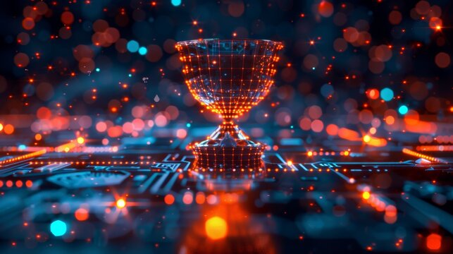 A futuristic 3D illustration of a digital trophy floating in a virtual space, symbolizing excellence in the digital age.
