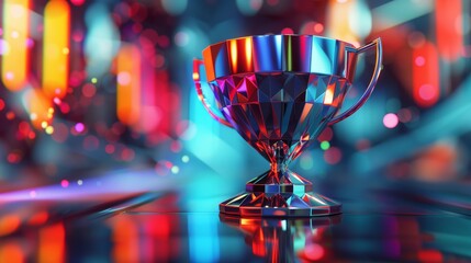 An abstract 3D illustration of a trophy, featuring geometric shapes and a futuristic look, representing success in a competitive tournament.