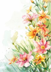 border of spring flowers. the flowers are realistic center of image is white. watercolor painting of pink, yellow and peach flowers