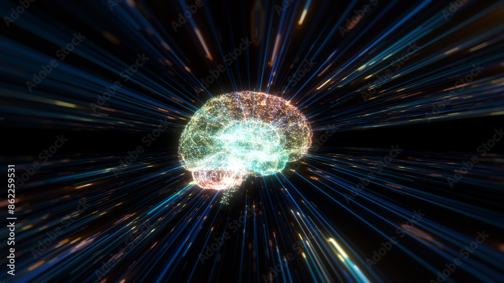 Poster artificial intelligence brain and binary coding animation, big data flow analysis, deep learning mod