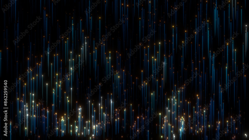 Poster big data concept. abstract dark blue orange fast moving binary computer data. high speed motion, art