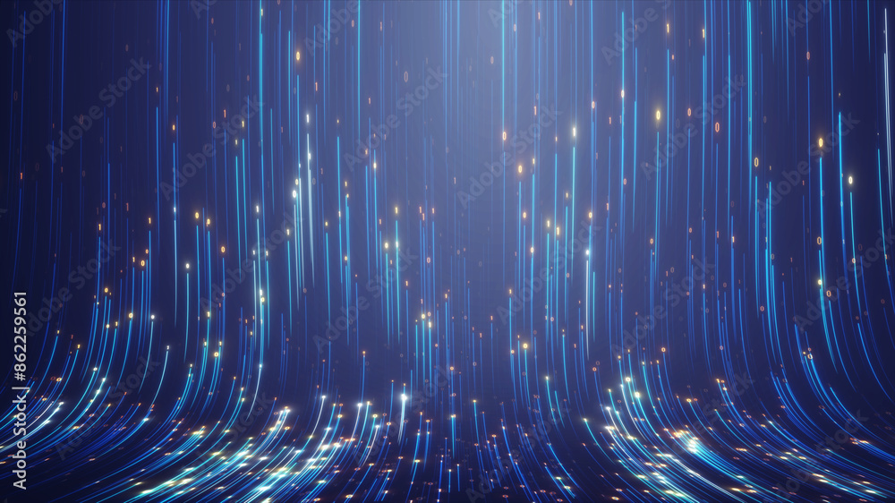 Poster big data concept. abstract dark blue orange fast moving binary computer data. high speed motion, art