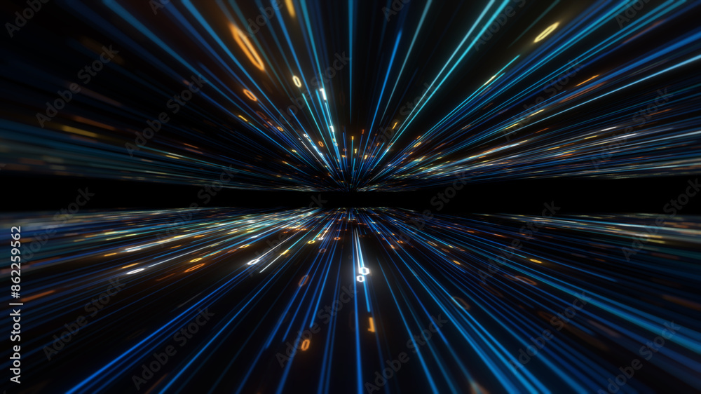 Poster big data concept. abstract dark blue orange fast moving binary computer data. high speed motion, art