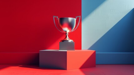 A symbolic 3D illustration of a silver trophy on a podium, signifying being the best and standing out among others.