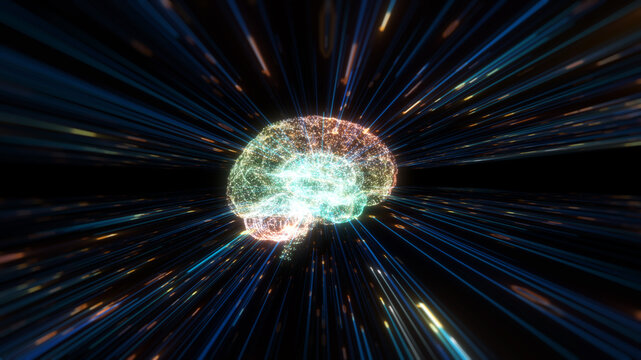 Artificial intelligence brain and binary coding animation, big data flow analysis, deep learning modern technologies concepts. Robotic system. computing and data processing concept.