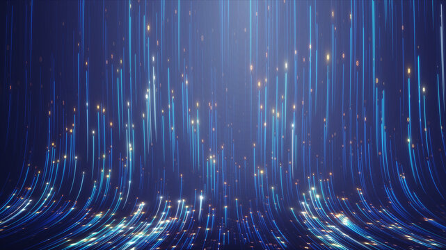 Big Data concept. abstract dark blue orange fast moving binary computer data. High speed motion, artificial intelligence, Technology, machine learning, big data, virtualizatio, futuristic, data flow 