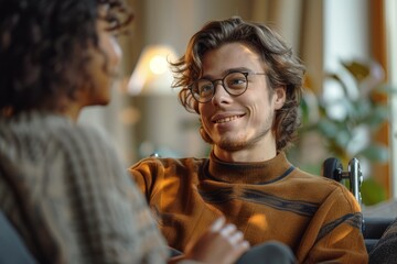 Obraz premium A young man in his 30s, wearing glasses, sitting on a blue couch at home, a mixed-race woman in a pink shirt. The smiling couple stood next to their wheelchairs talking