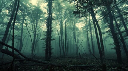 Obraz premium Misty forest with tall trees and fallen branches, atmospheric and serene landscape
