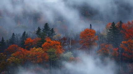 Trees and foliage loom out of the fog like ghostly apparitions creating a hauntingly beautiful scene.