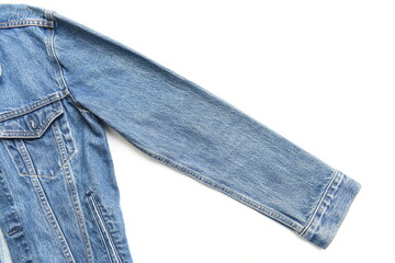 sleeve of blue denim shirt texture isolated on white background, jean fashion style