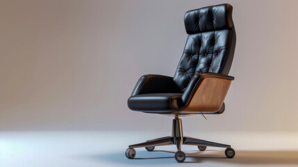 A sleek, black leather office chair symbolizes modern professionalism and comfort. Ideal for corporate environments, it signifies authority and elegance with its refined design and ergonomic support.