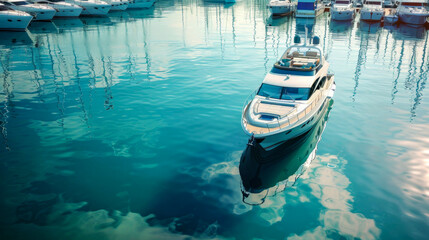 Obraz premium A sleek yacht floats serenely in a calm marina, reflecting luxury, leisure, and the allure of nautical adventure, ideal for travel ads and recreational publications.