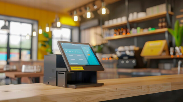 A point-of-sale system set in a modern café, symbolizing efficiency and advanced technology in the retail and hospitality sectors, enhancing customer service and business operations.