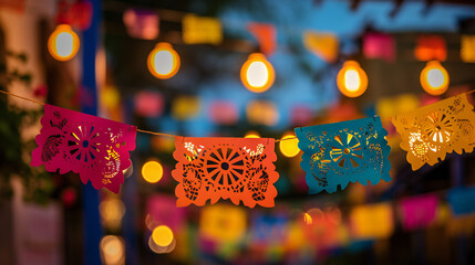 Colorful Mexican paper cutout flags hanging at night in the background lights and decorations