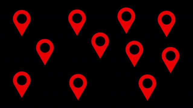 Location Pin pointers on Map animated on black screen background, GPS location pointer animation, in point animation location pin mark map location icon.