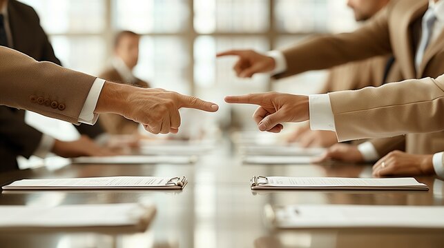 Boardroom Confrontation: Navigating High-Stakes Corporate Disputes - Resolving Business Disagreements through Leadership in the Face of Conflict; Businessmen Pointing Fingers in Heated Discussion