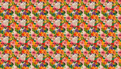 A simple flower with white kitten pattern with vibrant colors, featuring an oil painting