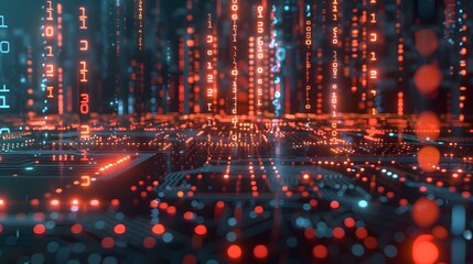 Obraz premium 3D Rendering of Digital Binary Data on Microchip with Glowing Circuit Board Background, Generative AI Technology