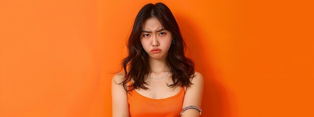 Angry and Upset Asian Woman in Stylish Outfit on Vibrant Orange Background