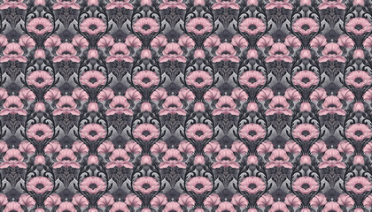 Art nouveau pattern with poppy flowers, using a pastel pink and dark gray color palette, seamless repeating pattern design for fabric, in the simple vector art style, simple design, high resolution