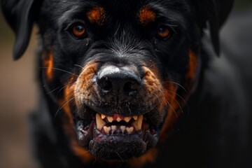 Fototapeta premium An aggressive Rottweiler with a menacing stare, in a powerful stance ready to attack, showcasing its intimidating presence and protective instincts. 