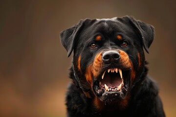 Fototapeta premium An aggressive Rottweiler with a menacing stare, in a powerful stance ready to attack, showcasing its intimidating presence and protective instincts. 