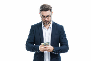 Successful business man counting money. Handsome middle age man holding bunch of 100 dollar banknotes. Guy holding money cash. Profit and financial success. Rich man with dollar cash.