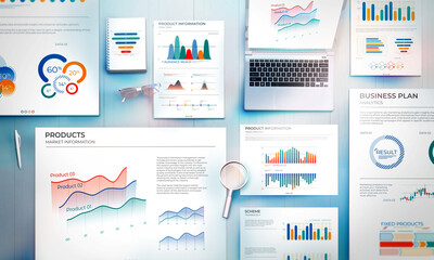 Office workplace with laptop and business charts.