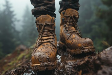 A close-up of mud-caked boots set against a rugged natural trail backdrop.


