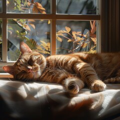 Ginger cat sleeping by a sunny window, cozy and warm ambiance