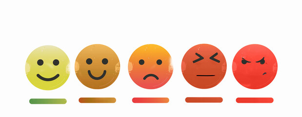 Obraz premium Échelle de satisfaction avec des smileys colorés et barres de progression allant du vert au rouge du bien au mauvais, du content au mécontent