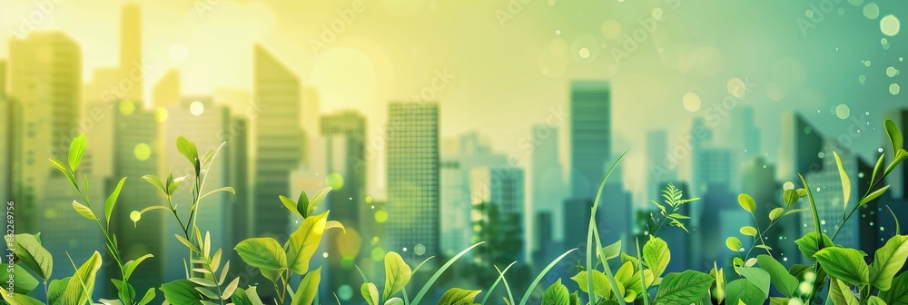 Wall mural City skyline with modern skyscrapers in the background and vibrant green plants in the foreground creating an eco-friendly contrast