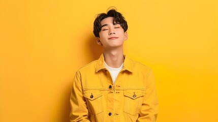 Fototapeta premium Charismatic Asian Youth in Stylish Modern Costume Against Yellow Background