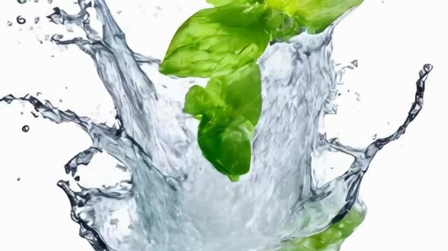 fresh water splash with falling or floating in the air with mint leaves,  