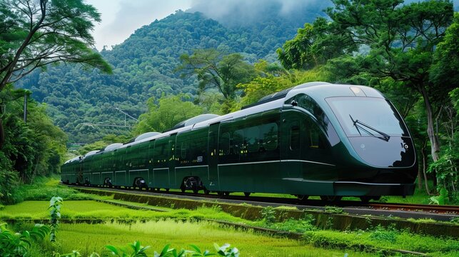Modern green train traveling through lush forested landscape with mountains trees cloudy day eco-friendly transport