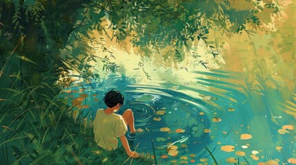 Young boy sitting on grassy bank at edge of small pond, lo-fi anime, childhood, nature, relaxation themes