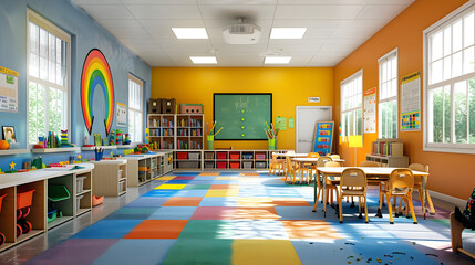 Superbe photo d'une salle de jeux d'école sans enfants avec beaucoup de couleurs