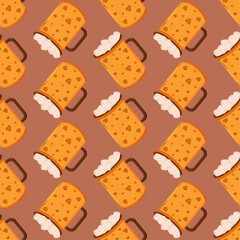 Autumn mug of cocoa with marshmallows seamless pattern, autumn elements