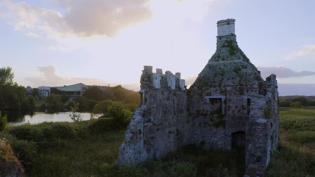 Restored Terryland castle, Galway, Ireland. Establishing shot, Aerial orbit.