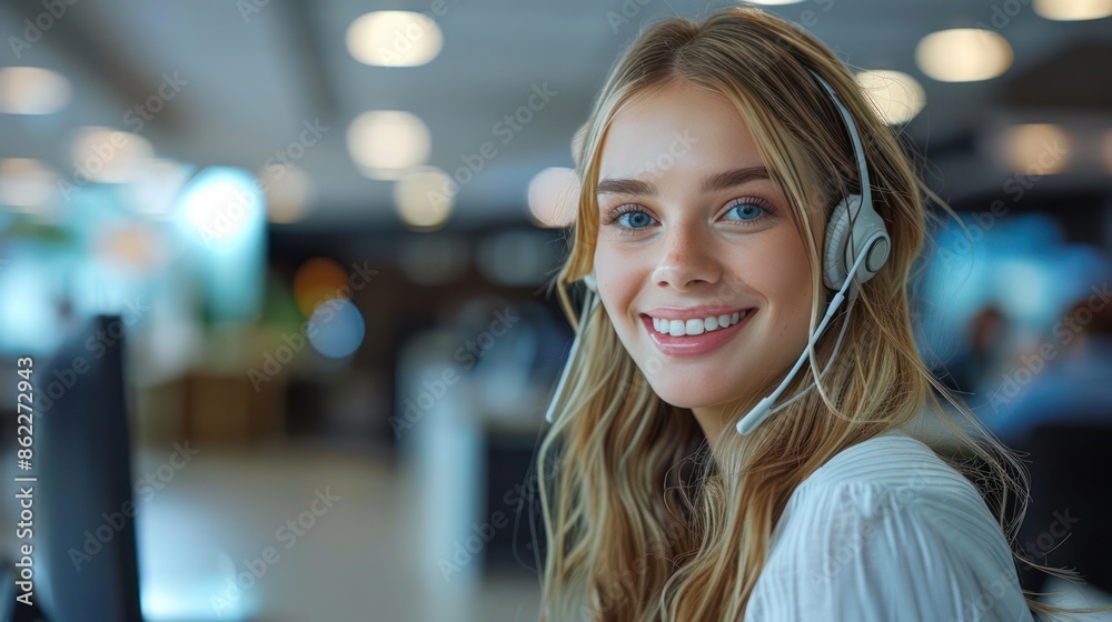 Wall mural smiling blonde call center operator wearing headset and assisting customers