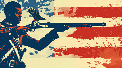 illustration of an Black American Continental soldier, American flag with a bald eagle in the background, independence day