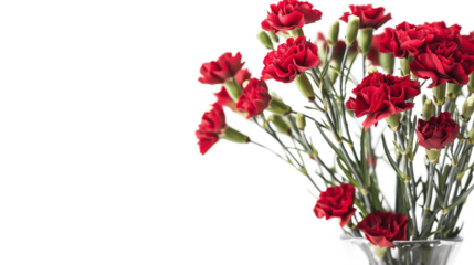 A bouquet of little red carnations in glass vase, close-up isolated on a transparent background