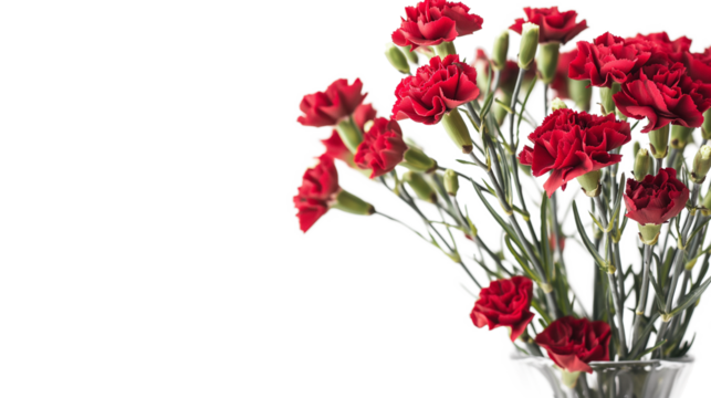 A bouquet of little red carnations in glass vase, close-up isolated on a transparent background
