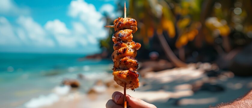 A brocheta skewer gripped by a hand, set against a solid purple background with copy space