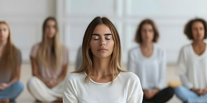 Woman meditates in front of a group. Concept Meditation, Group, Woman, Mindfulness, Wellness