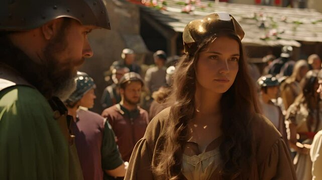 Medieval reenactors in costume gather at a historical festival