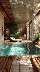 A sophisticated indoor pool adorned with natural stone accents and elegant wooden decor, creating a tranquil and luxurious atmosphere.






