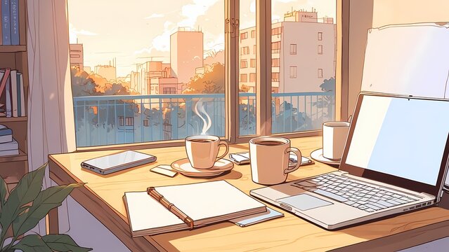 Interior Desk Laptop Setup With Coffee Anime Style Illustration, Anime Flat Art, Anime Background