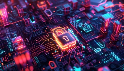 Fototapeta premium A futuristic digital security scene featuring a glowing padlock on a complex circuit board