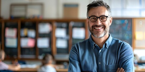 Smiling male teacher in classroom with classroom background looking at camera. Concept Portrait Photography, Educator, Classroom Setting, Happy Expression, Eye Contact, Professional Headshot